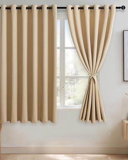 JIUZHEN Beige Blackout Curtains with Tiebacks - Thermal Insulated, Light Blocking and Noise Reducing Grommet Curtains for Bedroom and Living Room, Set of 2 Window Curtain Panels, 70 x 63 Inch Length