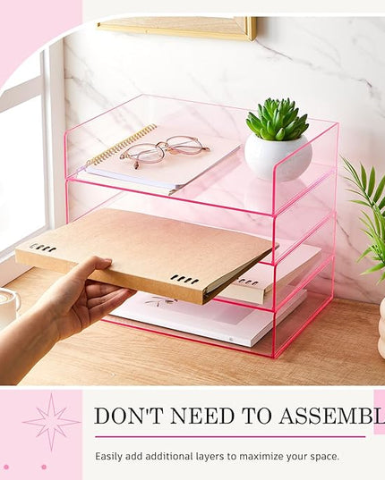 Harloon 4 Tier Acrylic Paper Tray 12.4 x 8.7 x 2.7 Inches Stackable Letter Clear Organizer No Need to Assemble Acrylic Paper Organizer File Tray for Office Workspace Desktop Storage(Transparent Pink)