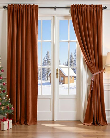 Lazzzy Velvet Blackout Curtains Thermal Insulated Room Window Drapes Super Soft Luxury Curtains for Living Room Bedroom Rod Pocket 2 Panels, Burnt Orange, 52" W x 120" L