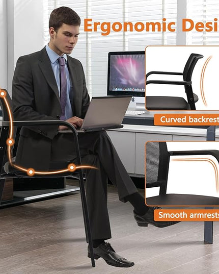 CLATINA Stackable Office Chair, Mesh Back Guest Chairs with Comfortable Leather Seat Arms Stacking Ergonomic Desk Chair No Wheels for Conference Waiting Reception School Stationary, Black, Set of 4