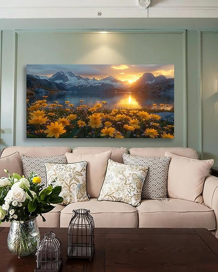 LKY ART Mountain Lake Sunset Wall Art Snow Capped Peaks with Yellow Wildflowers Picture Wall Decor for Living Room Nature Landscape Canvas Prints Poster Artwork Home Decoration