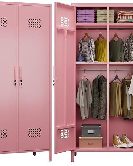 Aobabo Metal Wardrobe Cabinets with Lock, 2 Door Metal Closet wtih 4 Adjustable Shelves and 2 Hannging Rod, Lockable Locker Cabinet, Storage Locker for Home, Office,Pink, Assembly Required