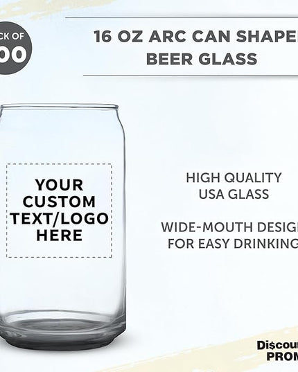 Custom Beer Can Glasses Set of 100, 16 oz. Pint Sized, Promotional Text, Logo, Soda Can Shape, Glassware, Black
