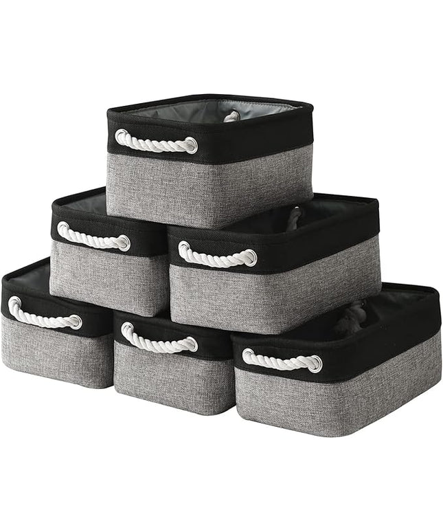 TheWarmHome Storage Basket for Organizing - 12x8x5.2 inch Small 6 Pack Collapsible Storage Bin for Shelves with Rope, Fabric Storage Cubes for Cloth Gift Toy Decorative Organizer (Black & Grey)