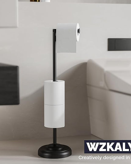 Freestanding Toilet Paper Holder Stand with Storage – Holds 4 Extra Rolls –Matte Black- Toilet Paper Holder for Bathroom – Sturdy Base, Classic Retro Style, Space-Saving Bathroom Storage