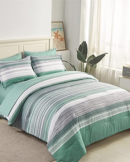 KAKIJUMN 7 Piece Bed in a Bag Stripe Comforter Set Full Size, White Grey Sage Green Patchwork Striped Comforter and Sheet Set, All Season Soft Microfiber Complete Bedding Set(Green,Full)