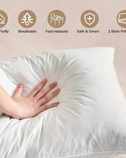 BHZ Beige Satin Goose Down Feather Pillows Queen Size Set of 2 with Pillowcase for Hair and Skin, Cooling Pillow Cases Similar to Silk Pillow Cases, Decorative for Women, Mom Men