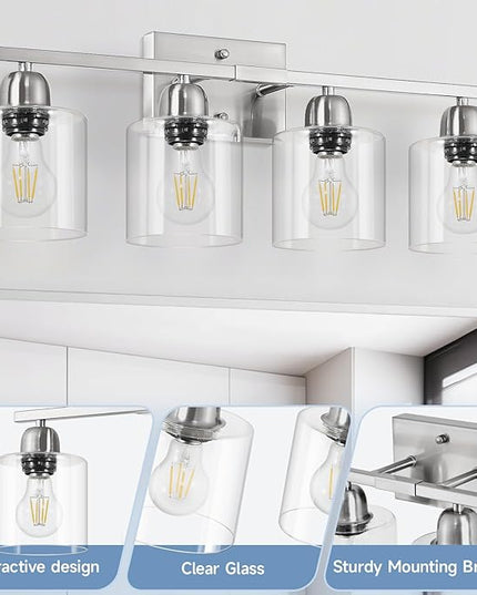 Modern Brushed Nickel 4 Light Bathroom Light Fixtures, 24 inch Vanity Lights for Bathroom with Clear Glass, Vanity Lights for Mirror Kitchen Living Room Hallway Cabinet Porch
