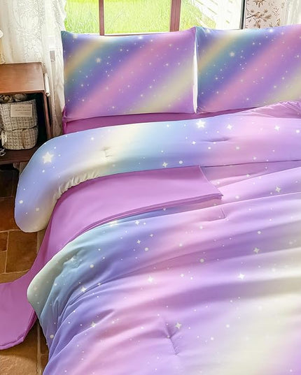 Girls Full Size Bedding Sets Rainbow Bedding – 5 Piece Comforter Set Full, Gradient and Colorful Galaxy Comforter for All-Season – Machine Washable, Durable – Gift Idea for Boys and Girls Room
