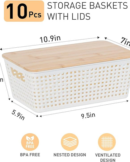 Storage Bins with Lids 10 Packs, Plastic Storage Bins with Bamboo Lids for Pantry Organization and Storage Containers for Shelves Drawers Desktop Closet Playroom Classroom Office Home, White
