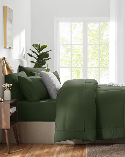 CozyLux King Size Comforter Set Olive Green, 7 Pieces Bed in a Bag, Green Comforter King Size, All Season Bedding Sets with Stitch Quilted Comforter, Flat Sheet, Fitted Sheet, Pillowcases