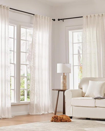 jinchan Winslow White Linen Curtains for Bedroom 108 Inches Length Embroidered Bordered Floral Curtains for Living Room Farmhouse Decor Light Filtering Window Treatments White on White Drapes 2 Panels