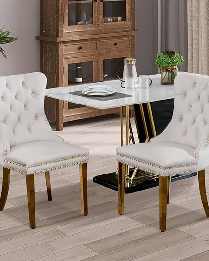 SoarFlash Velvet Dining Chair Set of 2, Upholstered Tufted Dining Room Chair with Nailhead Trim, Solid Gold Plated Leg for Kitchen (Beige)