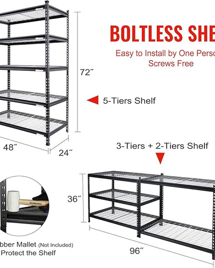 WORKPRO 5-Tier Metal Storage Shelving Unit, 48”W x 24”D x 72”H, Adjustable Storage Rack Heavy Duty Shelf, 4000 lbs Load Capacity (Total), for Garage, Kitchen, Bathroom, Warehouse, Black/Sliver