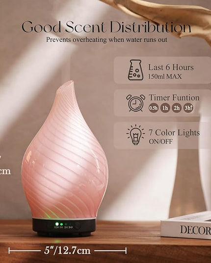 Porseme 150ml Essential Oil Diffuser Glass Color Changing Aroma Air Diffusers Aromatherapy Ultrasonic Cool Mist Humidifier 6 Running Hours Waterless Auto-Off for Sleeping Yoga Office Spa (Pure Pink)