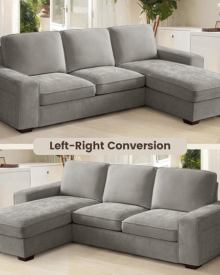 PARKOL 99" L-Shaped Sectional Couch with Storage, Sofa with Reversible Chaise, USB Type-C Charging, Chenille Fabric, Removable Cushion Covers, for Small Space, Apartment, Living Room, Light Gray