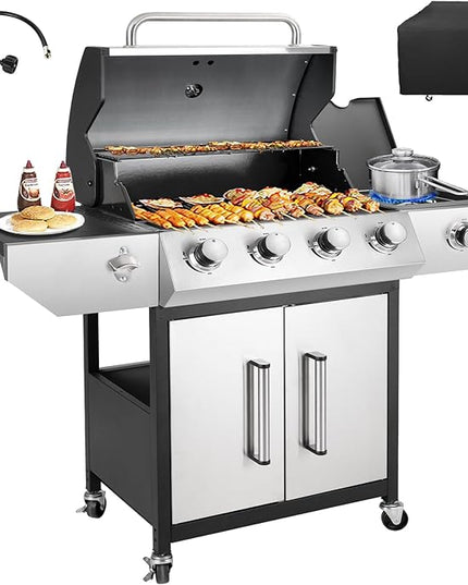 4-Burner Propane Gas BBQ Grill with Side Burner, Barbecue Gas Grill with Enameled Cast Iron Grates for Outdoor Patio Garden Barbecue, 53,000 BTU, Stainless Steel Grill Cover included