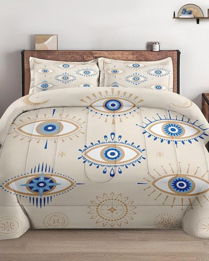 Full Size Comforter Set with 2 Pillowcases, Bohemian Eye 3 Pcs Bedding for Kids and Adults, Blue Boho Soft Comforter Set for Bedroom Bed Decor