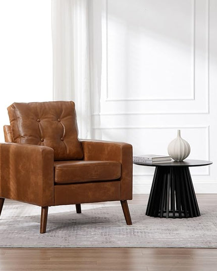 PU Accent Arm Chair with Tufted Back, Faux Leather Comfy Upholstered Single Sofa, Mid Century Modern Side Club Chair with Wood Legs for Reading/Living Room/Bedroom, Caramel