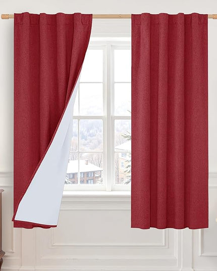 LAMIT Red 100% Blackout Linen Curtains, 63 Inches Linen Textured Thermal Bedroom Panels Back Tab and Rod Pocket Neutral Drapes with White Liner for Christmas Decor, 2 Panels, 38 x 63 Inch
