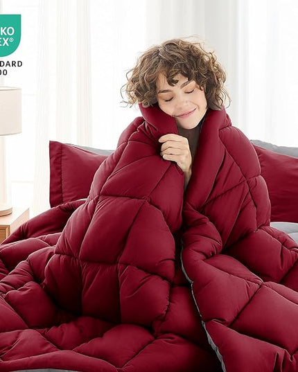 MUXHOMO 7 Pieces California King Comforter Set, Reversible Bed in a Bag Cal King Size, All Season Bedding Set with Comforter, Flat Sheet, Fitted Sheet, Pillowcases & Shams, Burgundy & Grey
