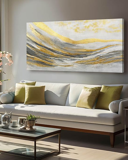 Artexist Abstract Line Wall Art Prints, Gold & Grey, 24"x48" Large Canvas Wall Pictures for Living Room, Bedroom, Office Decor