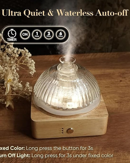 Glass Dome Essential Oil Diffuser with Glass Reservoir & Wood Base-No Plastic, 200ml Ultrasonic Diffuser for Aromatherapy with Timer 7 Color Light Auto-Off for Home Office Yoga Pilates