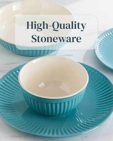 Stoneware Dinnerware Set for 4 People HYGGE 12-Piece - Elegant Scandi Design - Premium Dish Set - Bowl and Plate Set - Tableware for 4 People in a Ribbed Design - Pure Living in Green
