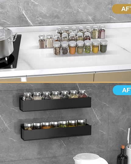 PMMASTO Adhesive Acrylic Spice Rack Organizer for Wall with Nano Double Sided Tape, Spice Shelf Organization for Kitchen Cabinet Door/Pantry Door, Wall Mount Seasoning Rack (Black-2 Pack)