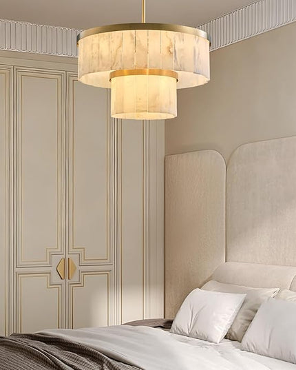 Alabaster Chandelier 2-Tier D24 Brass Round Chandeliers, Modern Dining Room Chandelier Marble Pendant Light for Living Room, Bedroom, Foyer, Kitchen, Entryway Gold(Include Bulbs)