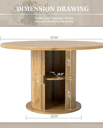 Round Table with Storage,47" Storage Kitchen Table for 4-6 People with Curved Sliding Door Fluted Wood Coffee Table Thickened Tabletop for Dining Room/Kitchen/Living Room,Oak Color