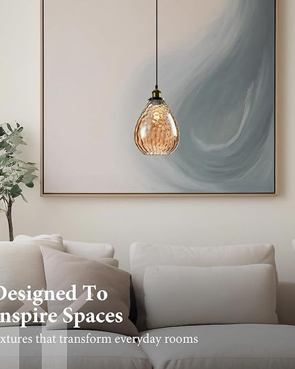 Modern Glass Pendant Light, 8"x9.6" Amber Ribbed Hanging Light Fixture with Gold Cap, 15"-72" Adjustable Cord, E26 Socket for Kitchen or Entryway – Sunrise Glow Teardrop