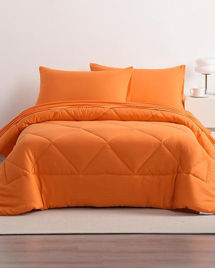 NTBAY Twin Comforter Set with Sheets, 5 Pieces Soft and Breathable Twin Bedding Set, Twin Bed in a Bag, Down Alternative Comforter Set Solid Color All Season, Kids Bedding Set, Orange