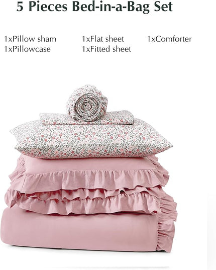 Twin XL Comforter Set - 5 Pieces Ruffle Soft Pink Bedding Sets, Shabby Chic Farmhouse Bed in a Bag Twin XL with Ruffle Comforter, Floral Sheets, Pillowcases & Shams