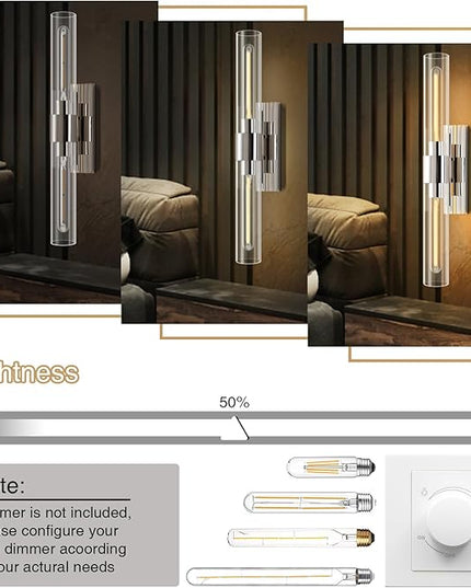 YUYI Nickel Wall Sconce Light, 22.8'' Indoor Sconces Wall Decor with Clear Glass Shade, Bathroom Vanity Wall Lights for Bathroom Living Room Bedroom Hallway Fireplace Staircase