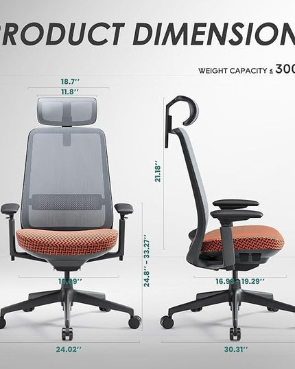 COLAMY Ergonomic Office Chair, Mesh Desk Chair with High Back, Lumbar Support, Adjustable Headrest and 4D Arms, Slide Seat, Tilt Lock-Coral