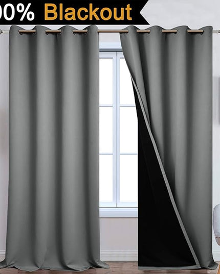 Yakamok Gray 100% Blackout Curtains Energy Saving Thermal Insulated 2 Thick Layers Completely Blackout Drapes with Black Liner for Bedroom (52Wx108L, Grey, 2 Panels)