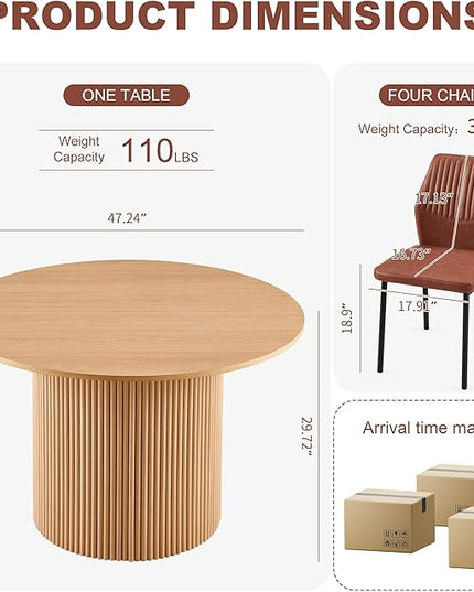 Pandolfni Dining Table Set for 4, 47" Wooden Round Kitchen Table with PU Leather Chairs for Kitchen Room and Small Spaces(Oak Table + 4 Brown Chairs)