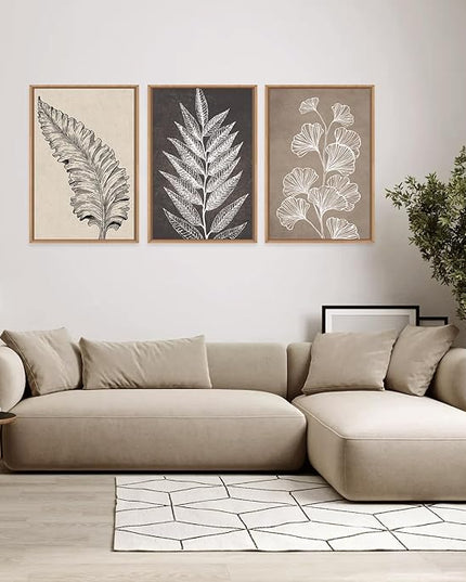 HOURIA Abstract Boho Fern Leaf Floral Framed Canvas Wall Art Set,Vintage Botanical Leaves Wildflower Decor,Modern Minimalist Nature Inspired Beige & Brown Artwork for Living Room,Farmhouse-16 x24 x3