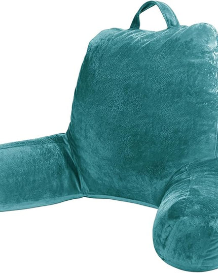 Sasttie Reading Pillow, Velvet Back Pillow for Bed Sitting Up, Adult Back-Rest Support Cushion with Arms for Sit Up on Couch, Sofa, and Floor, Dorm Essentials, Reading Accessories, Teal Blue
