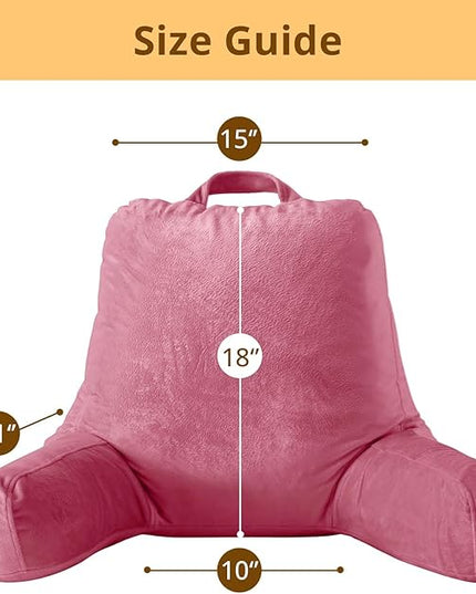 Sasttie Reading Pillow, Velvet Back Pillow for Bed Sitting Up, Adult Back-Rest Support Cushion with Arms for Sit Up on Couch, Sofa, and Floor, Dorm Essentials, Reading Accessories, Rose Pink