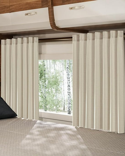 Memory Trained Shaped Linen Beige Curtains 54 Inches Pinch Pleated Short Curtain for Kitchen,Light Filtering Privacy Small Window Drapes with Back Tab and Hooks for Bay 40" x 54" - 2 Panels Set