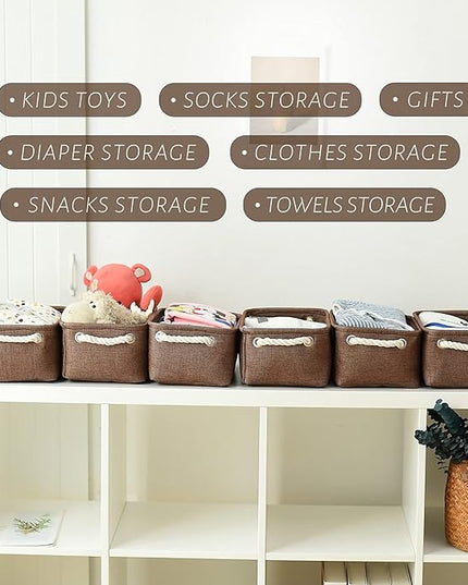 TheWarmHome Storage Basket for Organizing - 12x8x5 inch Small 6 Pack Collapsible Storage Bin for Shelves with Handles, Canves Storage Box for Cloth Closet Organizer Gift Toy (Brown)