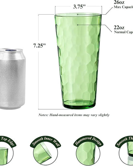 26oz Acrylic Glasses Drinkware (Set of 6), Hammered Design Shatter-Proof Plastic Cups, Reusable Large Drinking Tumblers, Stackable, BPA-Free, Dishwasher-Safe (Green)