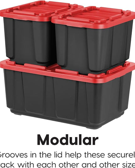 IRIS USA 4-Pack 12 Gallon Storage Bins with Lids |Made in USA| Heavy Duty Plastic Tote Containers for Truckbed Tool Box Organization, Large - Red