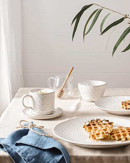 LE TAUCI Stackable Cappuccino Cups 8 oz with Saucers and Stand, Ceramic Large Latte Cup for Au Lait, Cafe, Mocha,Tea, Dishwasher Oven Safe - Set of 4, Arctic white