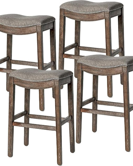 Maven Lane Adrien Backless Bar Stool – Set of 4 – 31 Inch Saddle Seat with Footrest – Brown Solid Wood Frame & Grey Fabric Upholstery – Ideal for Bars, Pub Tables & Tall Kitchen Counters