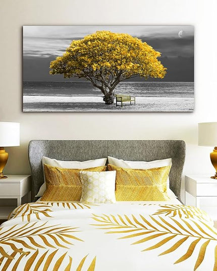 Wapluam Large Canvas Wall Art for Living Room, Office, Bedroom - Black and White Landscape Paintings With Yellow Trees - Framed Pictures Artwork Home Decor Mural 24x48 in
