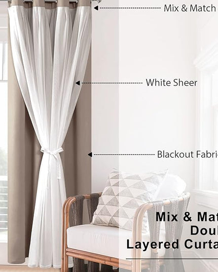 Hiasan Blackout Curtains with Sheer Overlay, Mix & Match Double Layer Thermal Insulated Privacy Grommet Window Curtains for Bedroom, Living Room, 2 Drape Panels with Tiebacks, Camel, 52W X 108L