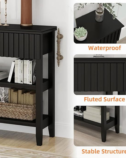 LAZZO Painted Wood Console Table Narrow Long Modern Fluted Entryway Table Behind Sofa Couch with 3 Drawers and 2-Tier Storage Shelf for Living Room, Foyer and Hallway (Black, 2 Tiers)